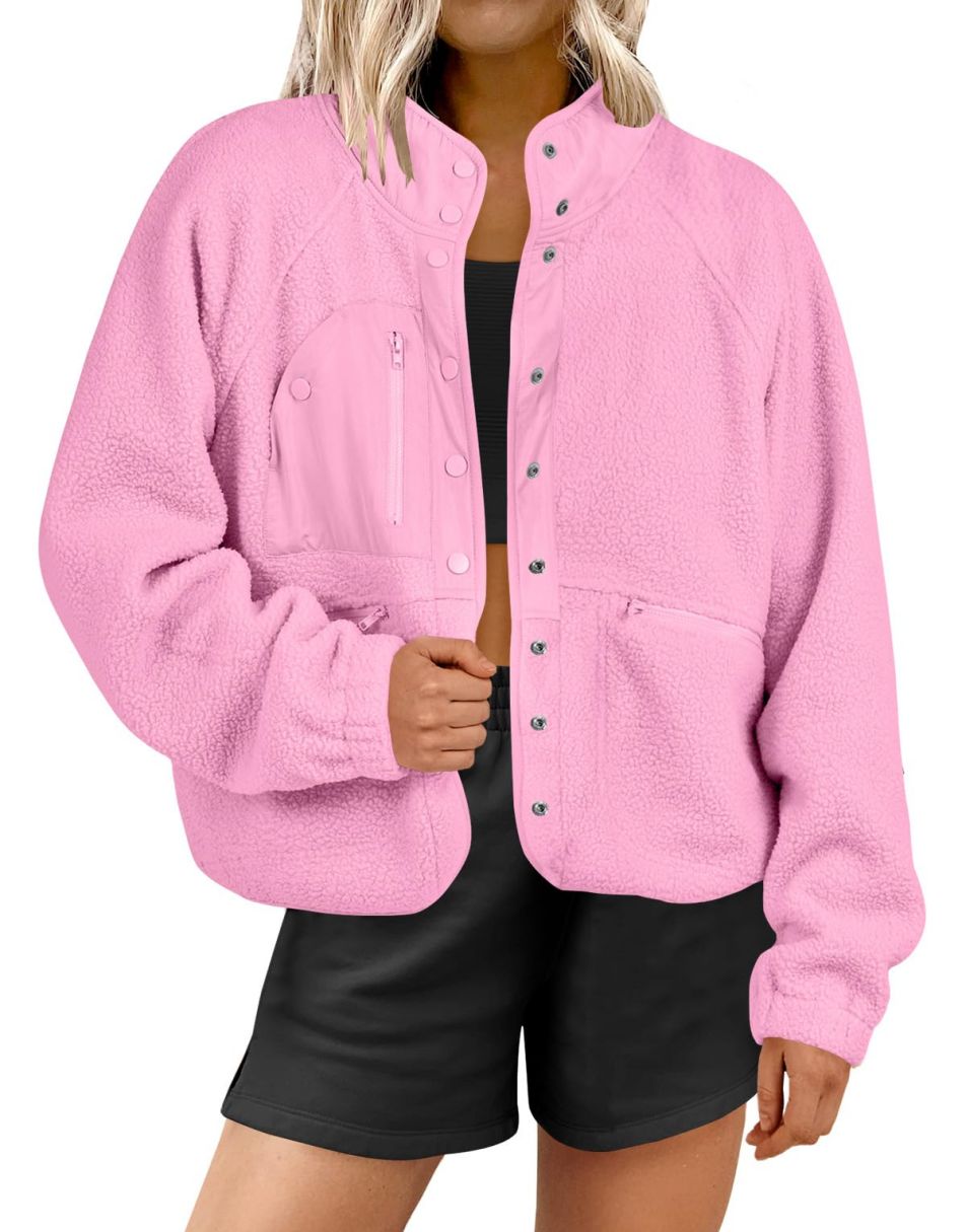 ANRABESS Damen Fleecejacke Button-Down Shacket Lässige Sherpa Cropped Coats Warme Oberbekleidung mit Taschen