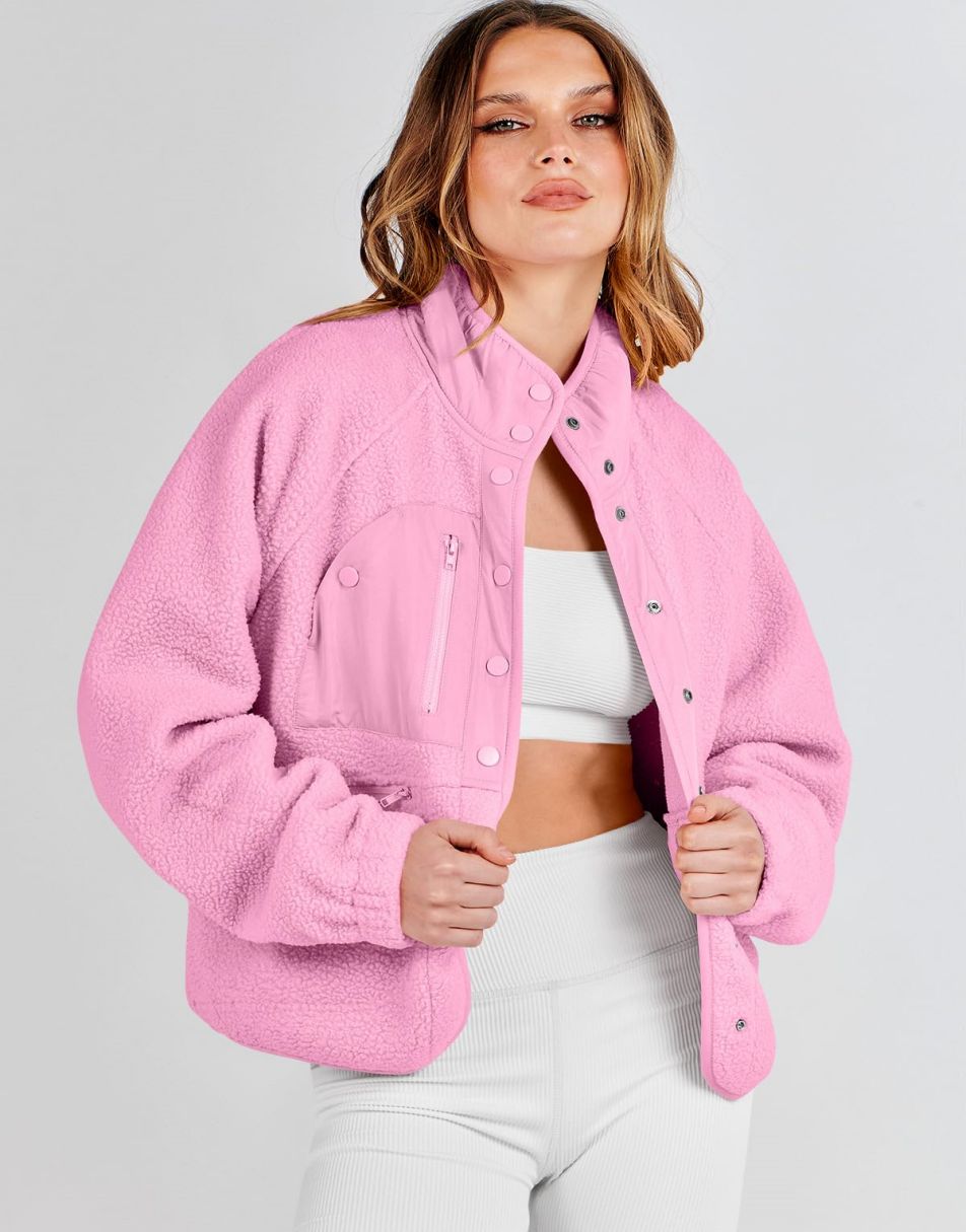 ANRABESS Damen Fleecejacke Button-Down Shacket Lässige Sherpa Cropped Coats Warme Oberbekleidung mit Taschen