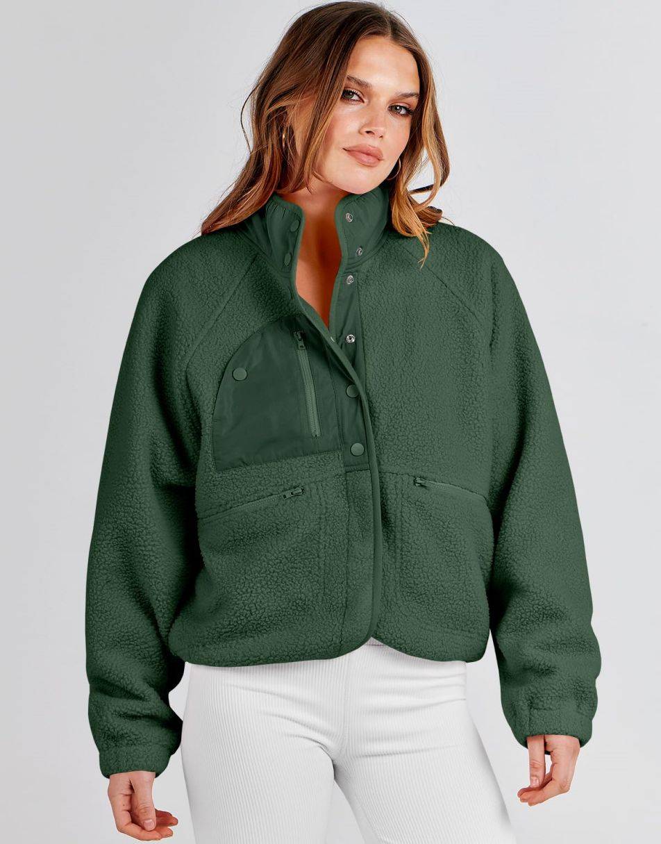 ANRABESS Damen Fleecejacke Button-Down Shacket Lässige Sherpa Cropped Coats Warme Oberbekleidung mit Taschen