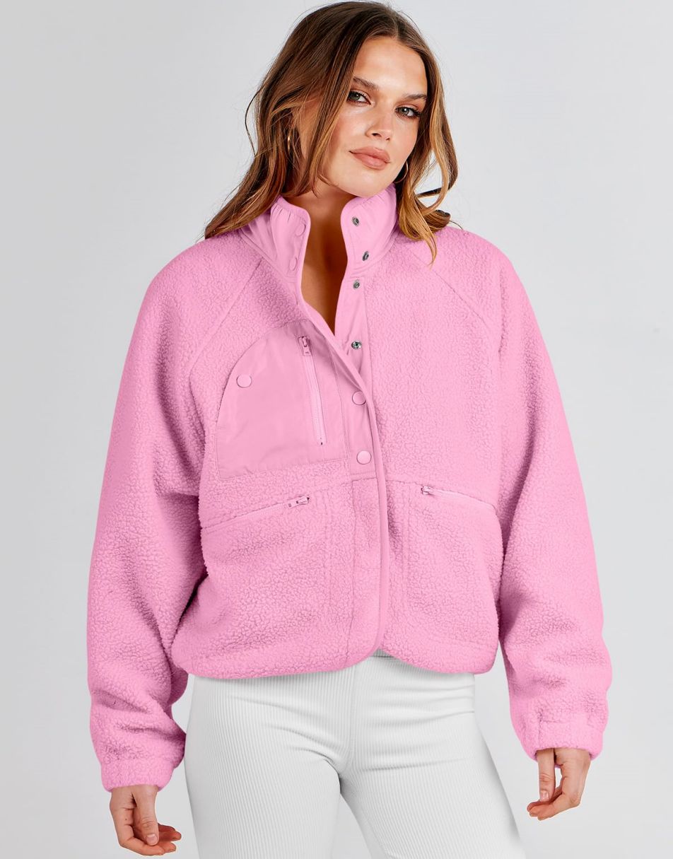 ANRABESS Damen Fleecejacke Button-Down Shacket Lässige Sherpa Cropped Coats Warme Oberbekleidung mit Taschen