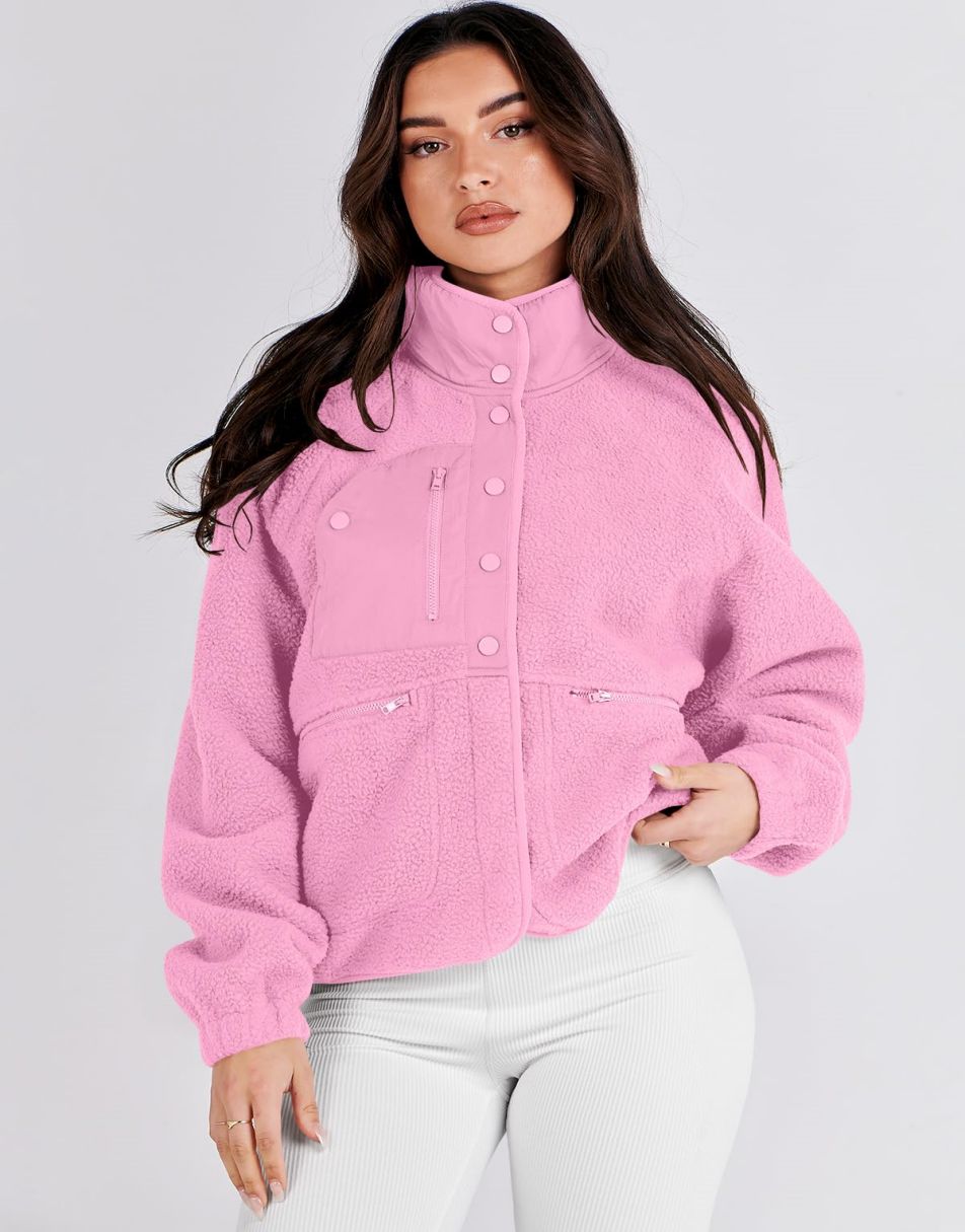 ANRABESS Damen Fleecejacke Button-Down Shacket Lässige Sherpa Cropped Coats Warme Oberbekleidung mit Taschen