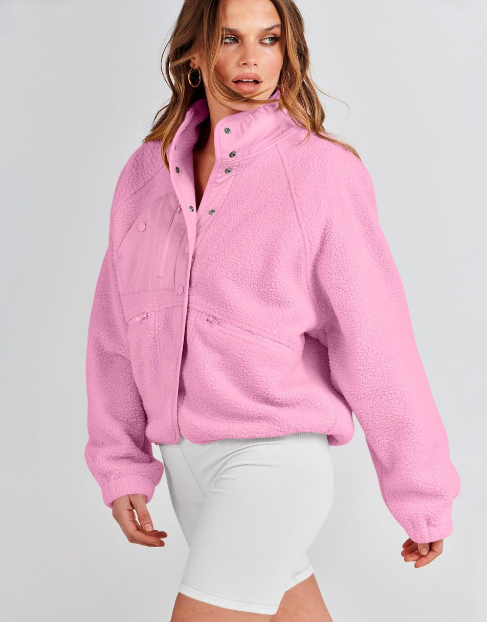ANRABESS Damen Fleecejacke Button-Down Shacket Lässige Sherpa Cropped Coats Warme Oberbekleidung mit Taschen