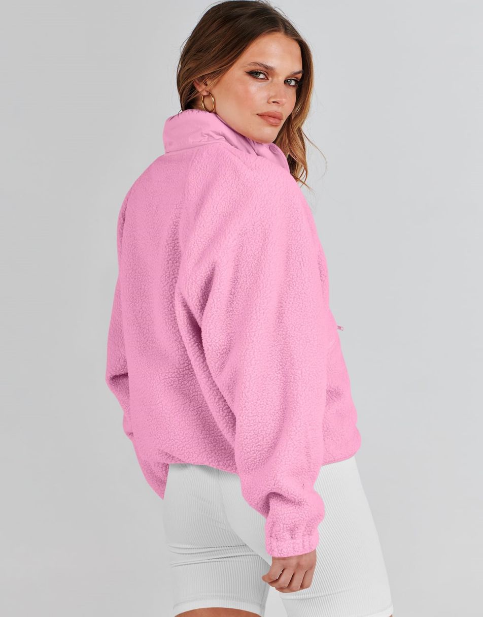 ANRABESS Damen Fleecejacke Button-Down Shacket Lässige Sherpa Cropped Coats Warme Oberbekleidung mit Taschen