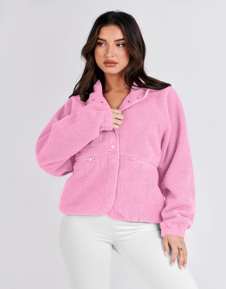 ANRABESS Damen Fleecejacke Button-Down Shacket Lässige Sherpa Cropped Coats Warme Oberbekleidung mit Taschen