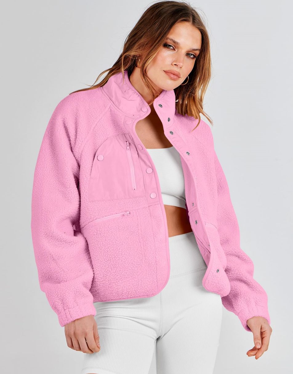 ANRABESS Damen Fleecejacke Button-Down Shacket Lässige Sherpa Cropped Coats Warme Oberbekleidung mit Taschen