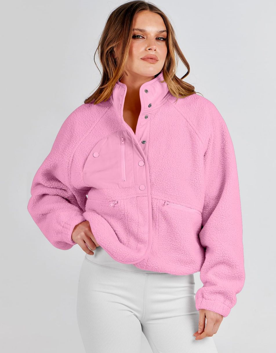 ANRABESS Damen Fleecejacke Button-Down Shacket Lässige Sherpa Cropped Coats Warme Oberbekleidung mit Taschen