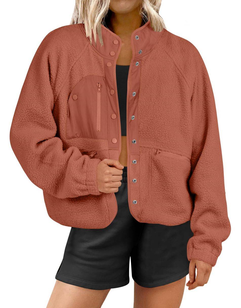 ANRABESS Damen Fleecejacke Button-Down Shacket Lässige Sherpa Cropped Coats Warme Oberbekleidung mit Taschen