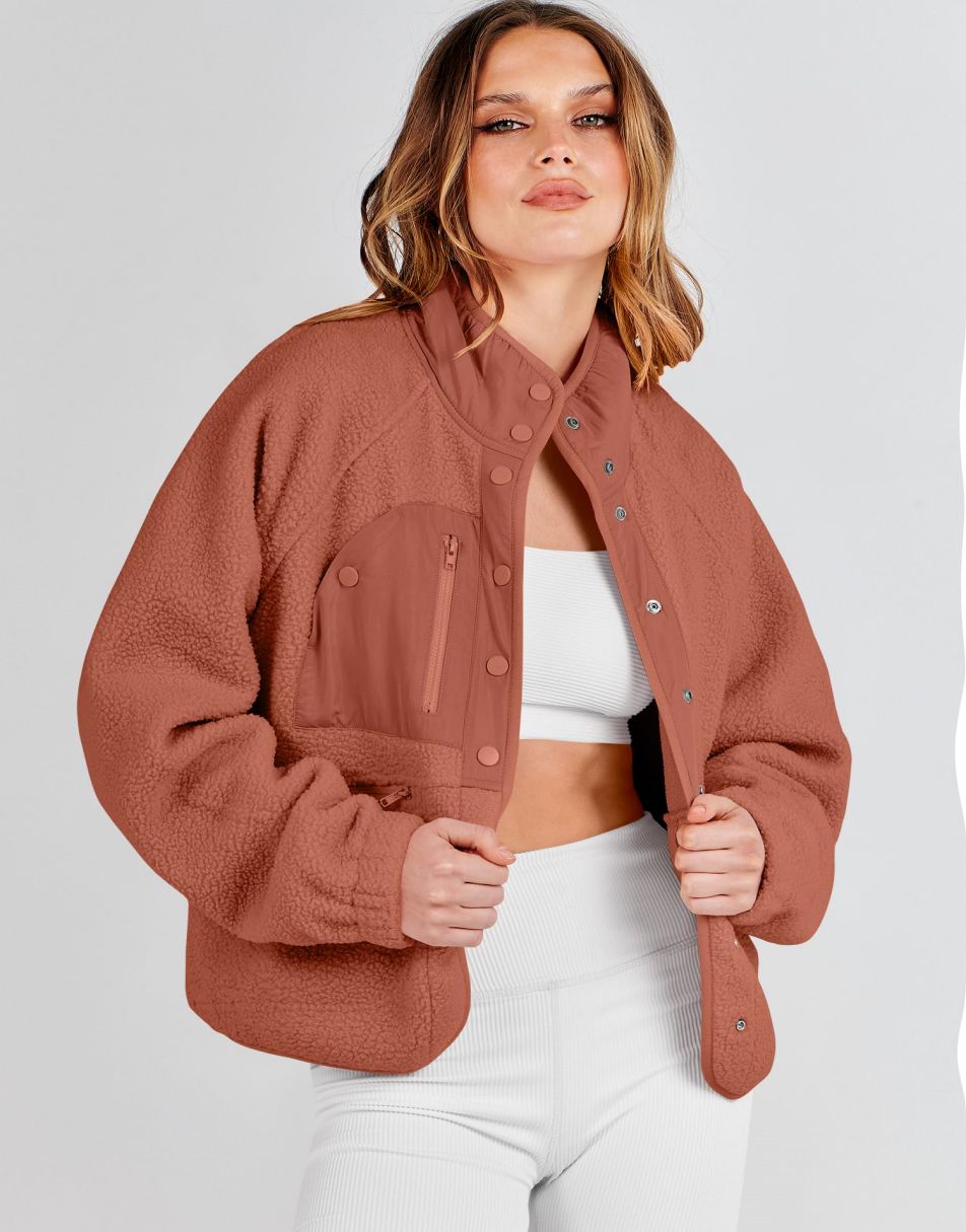 ANRABESS Damen Fleecejacke Button-Down Shacket Lässige Sherpa Cropped Coats Warme Oberbekleidung mit Taschen
