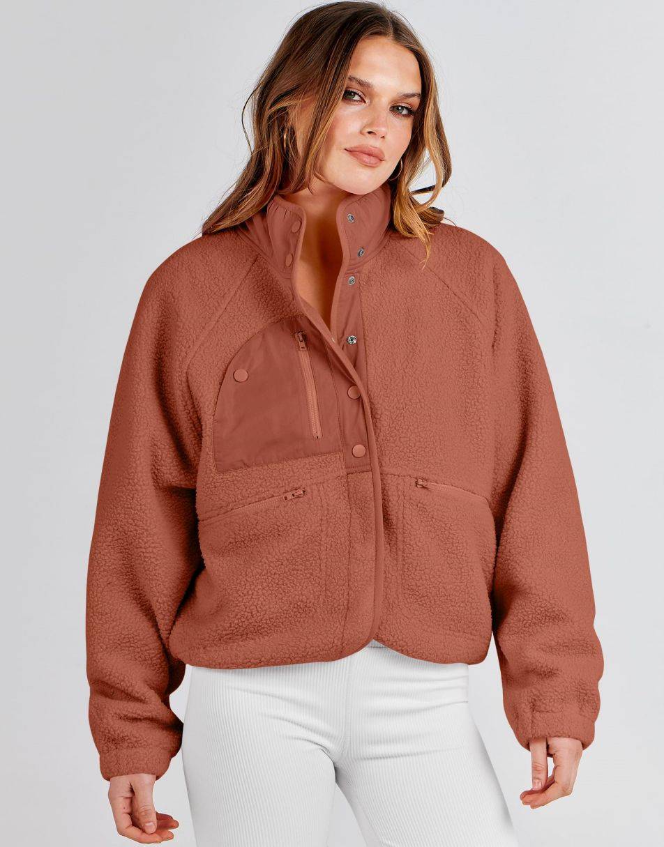 ANRABESS Damen Fleecejacke Button-Down Shacket Lässige Sherpa Cropped Coats Warme Oberbekleidung mit Taschen