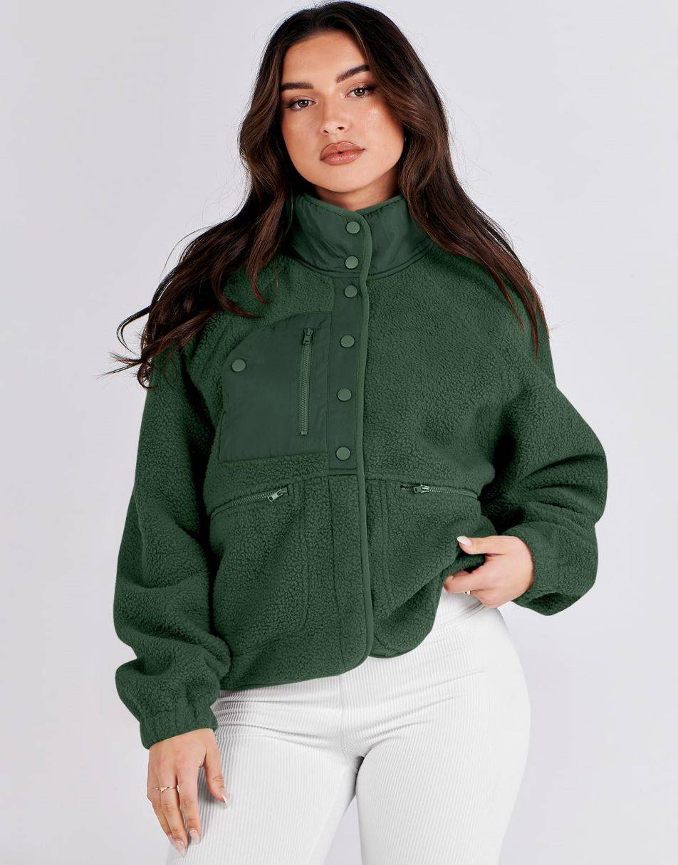 ANRABESS Damen Fleecejacke Button-Down Shacket Lässige Sherpa Cropped Coats Warme Oberbekleidung mit Taschen