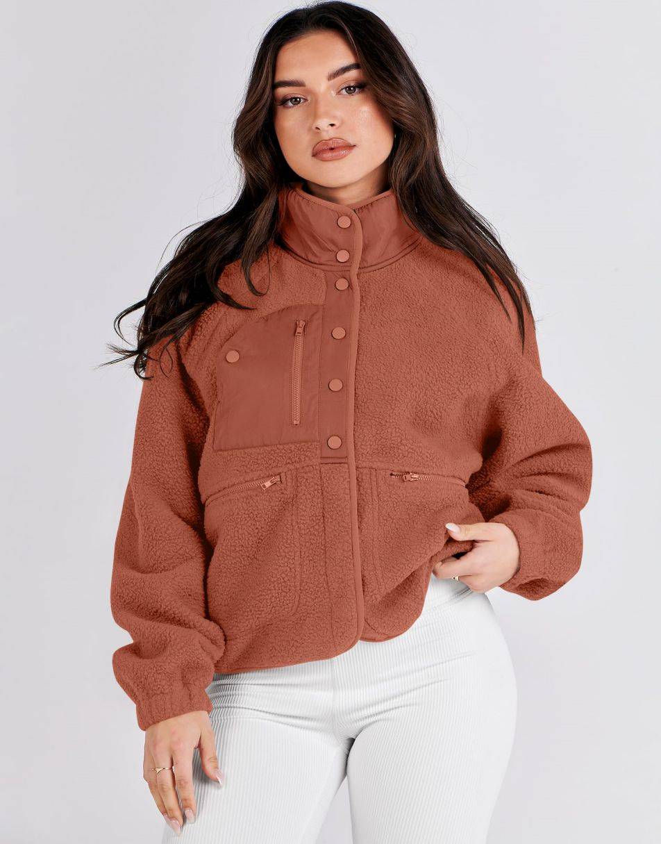 ANRABESS Damen Fleecejacke Button-Down Shacket Lässige Sherpa Cropped Coats Warme Oberbekleidung mit Taschen