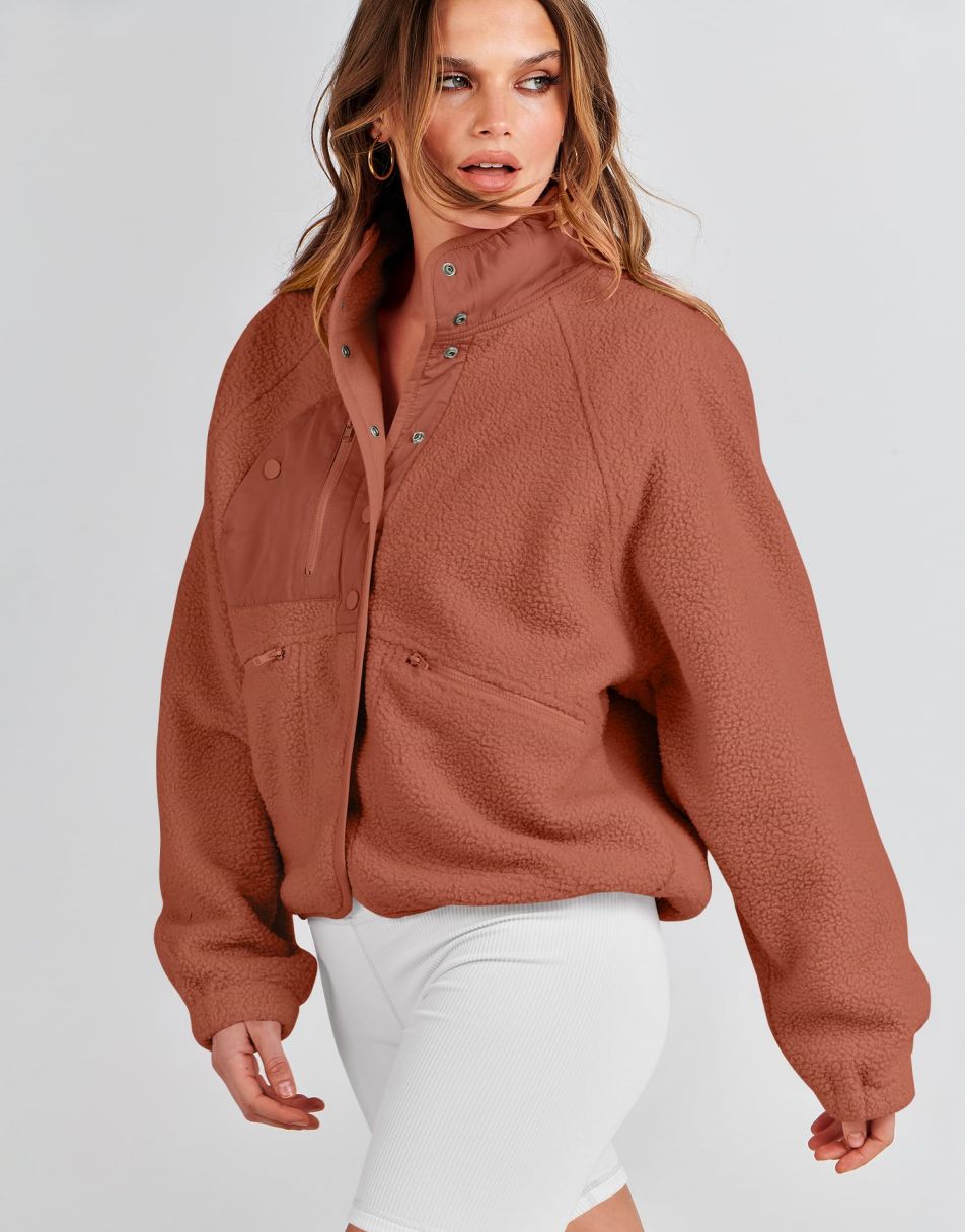 ANRABESS Damen Fleecejacke Button-Down Shacket Lässige Sherpa Cropped Coats Warme Oberbekleidung mit Taschen
