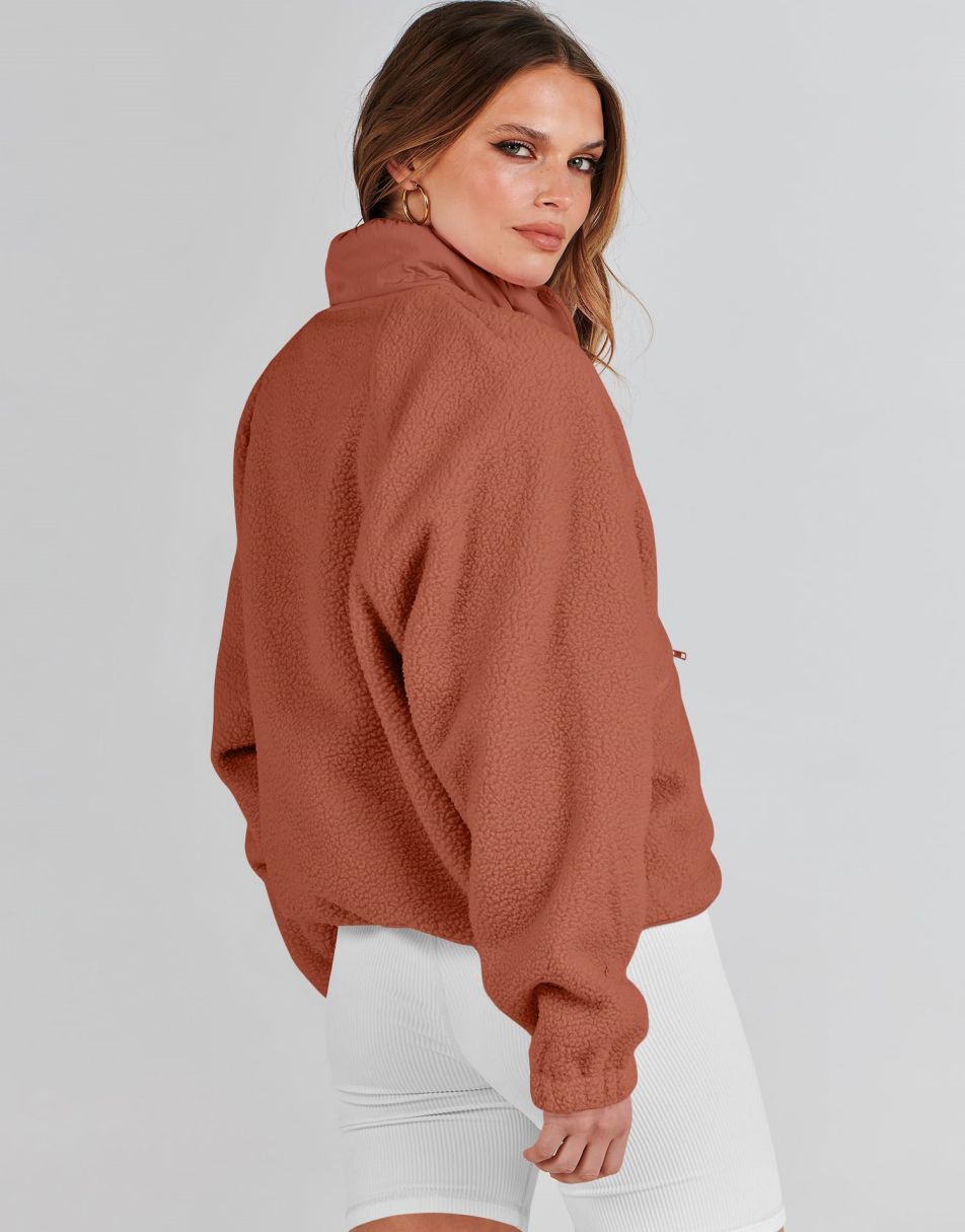 ANRABESS Damen Fleecejacke Button-Down Shacket Lässige Sherpa Cropped Coats Warme Oberbekleidung mit Taschen