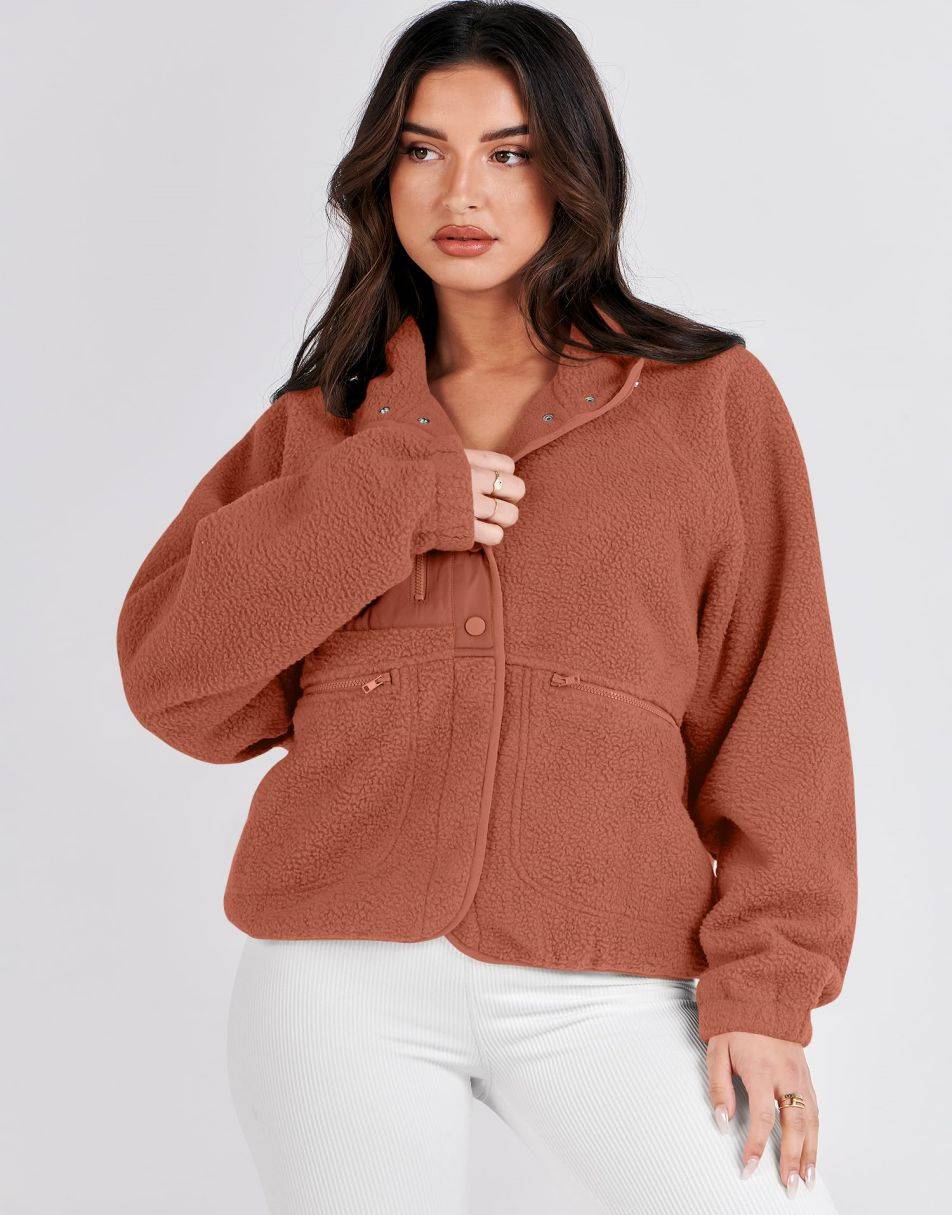 ANRABESS Damen Fleecejacke Button-Down Shacket Lässige Sherpa Cropped Coats Warme Oberbekleidung mit Taschen
