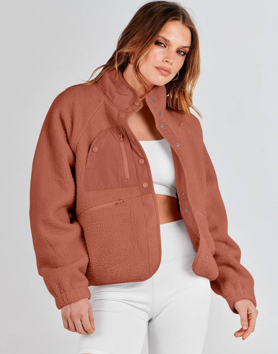 ANRABESS Damen Fleecejacke Button-Down Shacket Lässige Sherpa Cropped Coats Warme Oberbekleidung mit Taschen