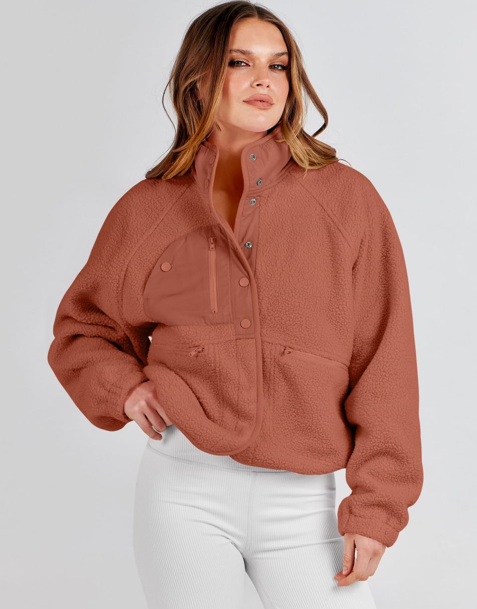 ANRABESS Damen Fleecejacke Button-Down Shacket Lässige Sherpa Cropped Coats Warme Oberbekleidung mit Taschen
