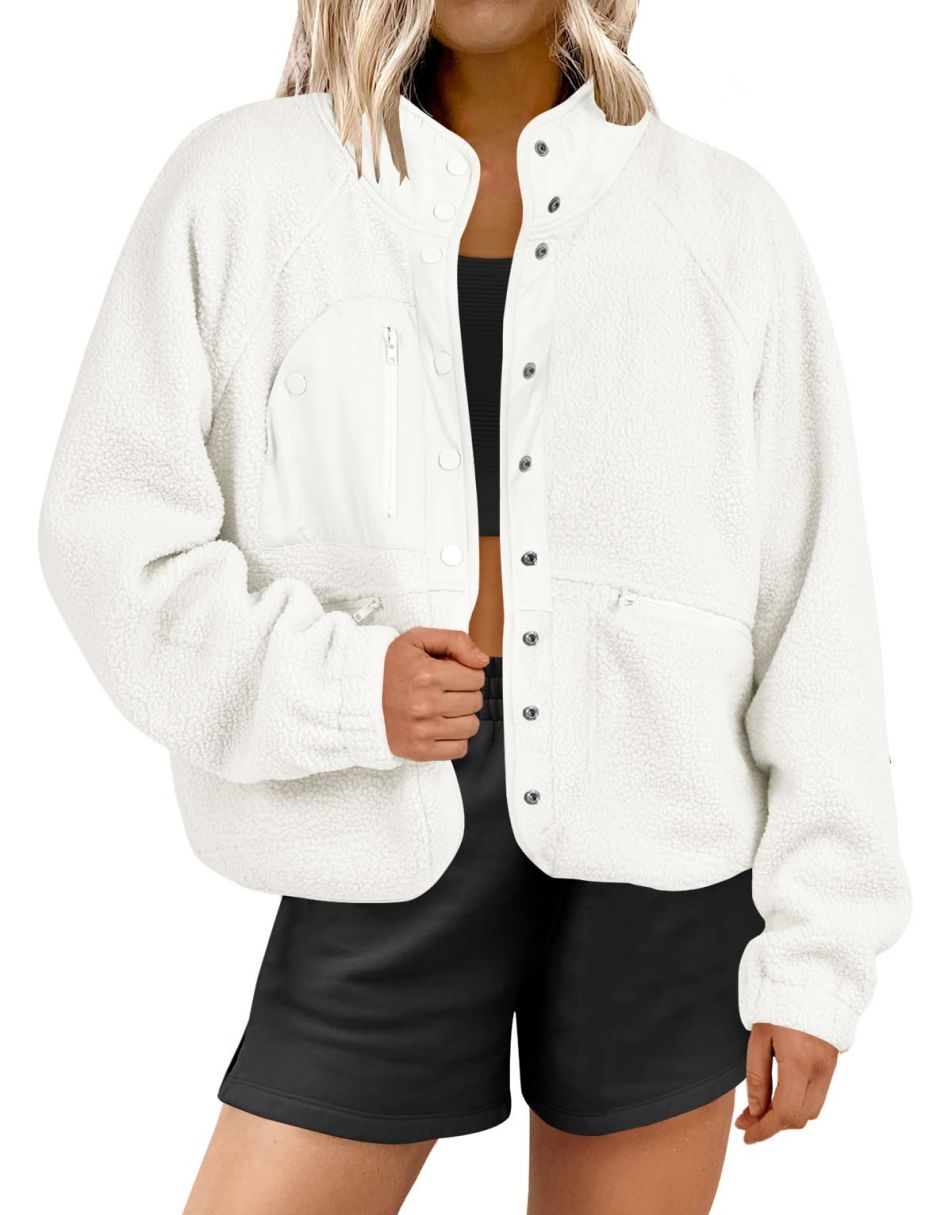 ANRABESS Damen Fleecejacke Button-Down Shacket Lässige Sherpa Cropped Coats Warme Oberbekleidung mit Taschen