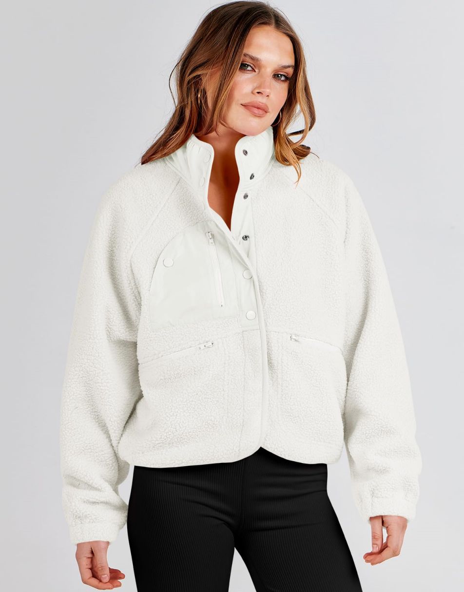 ANRABESS Damen Fleecejacke Button-Down Shacket Lässige Sherpa Cropped Coats Warme Oberbekleidung mit Taschen