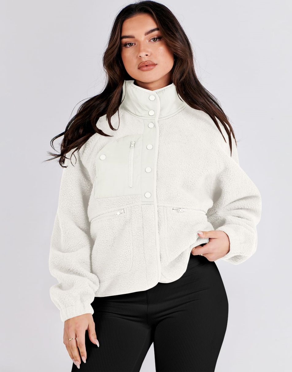ANRABESS Damen Fleecejacke Button-Down Shacket Lässige Sherpa Cropped Coats Warme Oberbekleidung mit Taschen