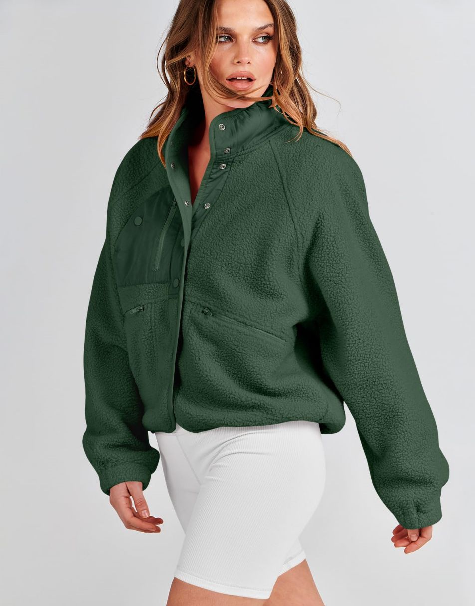 ANRABESS Damen Fleecejacke Button-Down Shacket Lässige Sherpa Cropped Coats Warme Oberbekleidung mit Taschen