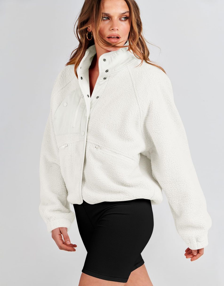 ANRABESS Damen Fleecejacke Button-Down Shacket Lässige Sherpa Cropped Coats Warme Oberbekleidung mit Taschen