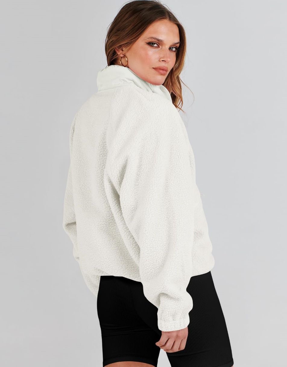 ANRABESS Damen Fleecejacke Button-Down Shacket Lässige Sherpa Cropped Coats Warme Oberbekleidung mit Taschen