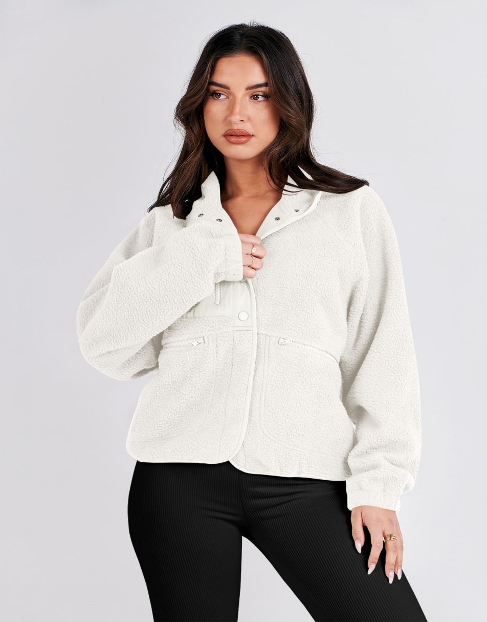 ANRABESS Damen Fleecejacke Button-Down Shacket Lässige Sherpa Cropped Coats Warme Oberbekleidung mit Taschen