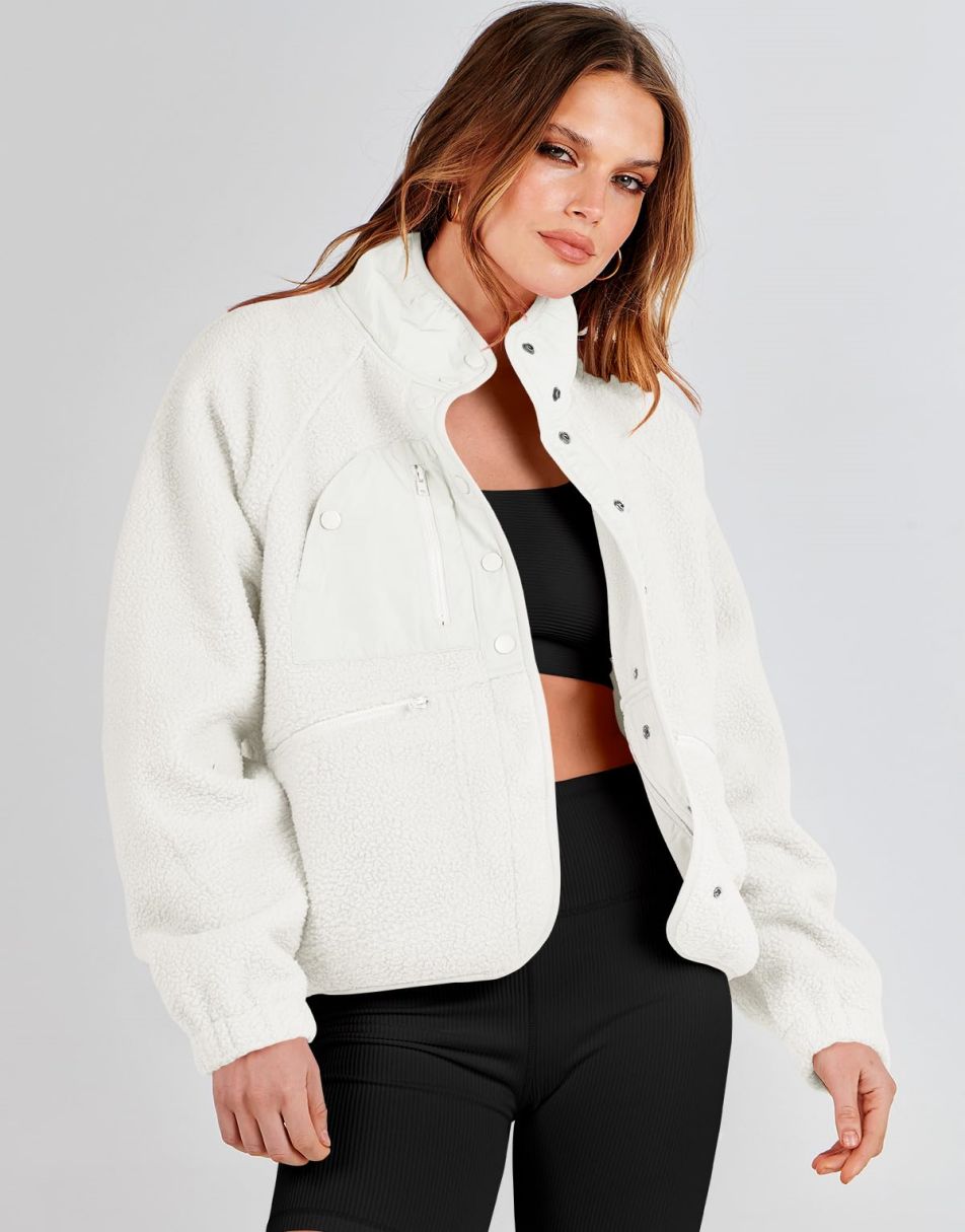 ANRABESS Damen Fleecejacke Button-Down Shacket Lässige Sherpa Cropped Coats Warme Oberbekleidung mit Taschen