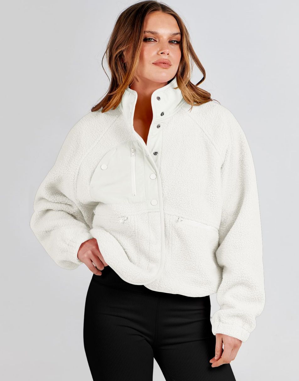 ANRABESS Damen Fleecejacke Button-Down Shacket Lässige Sherpa Cropped Coats Warme Oberbekleidung mit Taschen