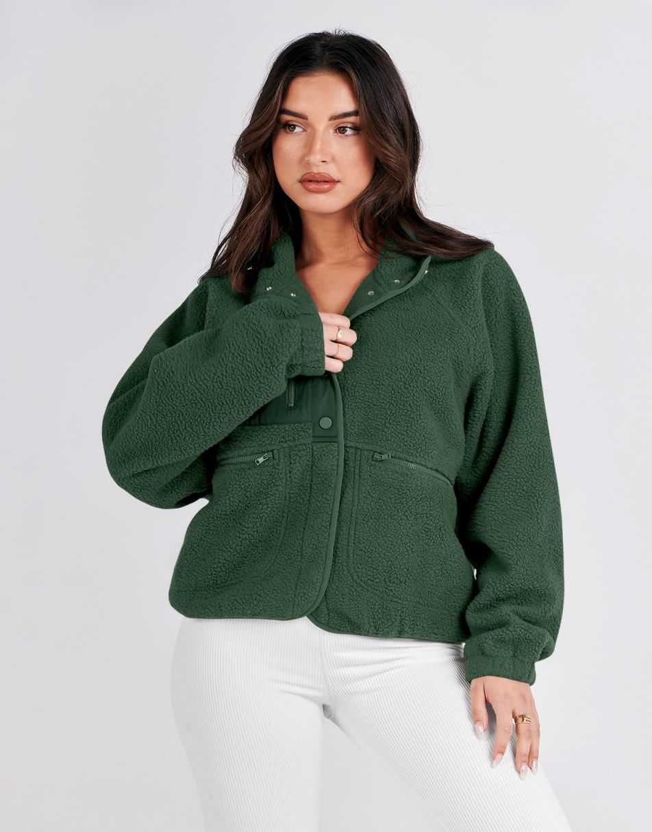 ANRABESS Damen Fleecejacke Button-Down Shacket Lässige Sherpa Cropped Coats Warme Oberbekleidung mit Taschen