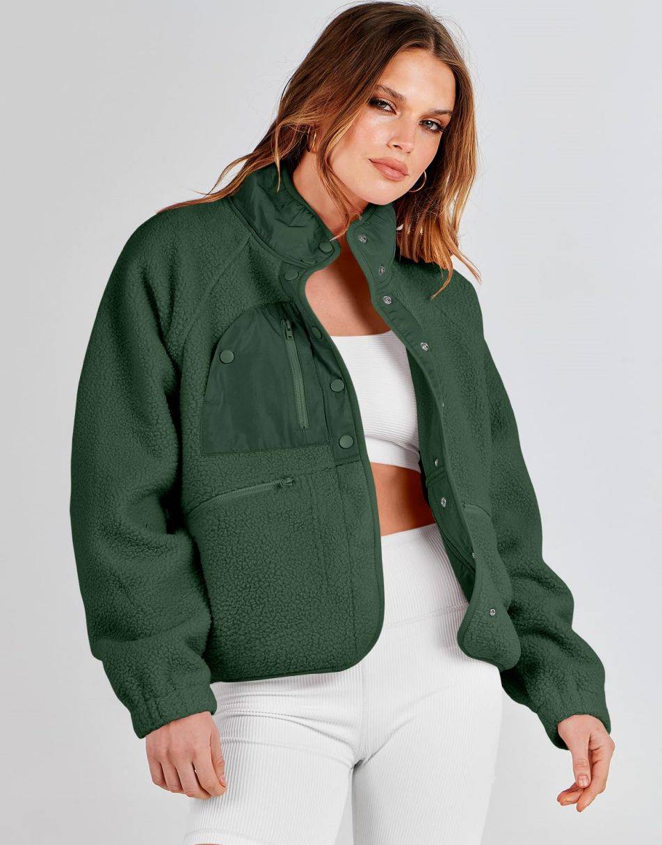 ANRABESS Damen Fleecejacke Button-Down Shacket Lässige Sherpa Cropped Coats Warme Oberbekleidung mit Taschen