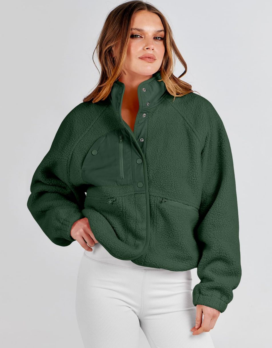 ANRABESS Damen Fleecejacke Button-Down Shacket Lässige Sherpa Cropped Coats Warme Oberbekleidung mit Taschen