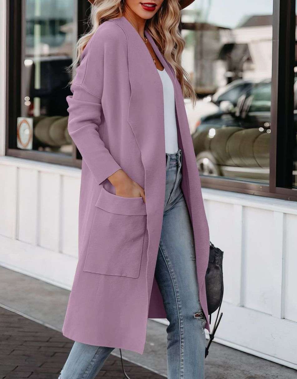ANRABESS Women's Casual Long Sleeve Draped Open Front Knit Pockets Long Cardigan Jackets Sweater