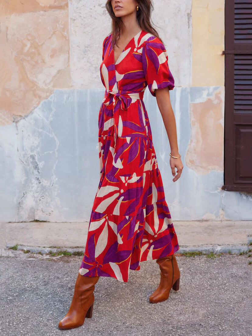 Printed V-neck maxi dress with puff sleeves and slit