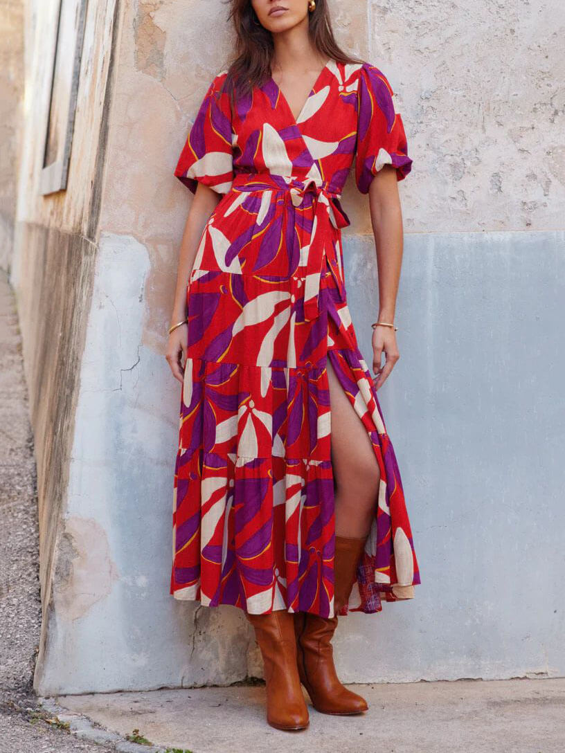 Printed V-neck maxi dress with puff sleeves and slit