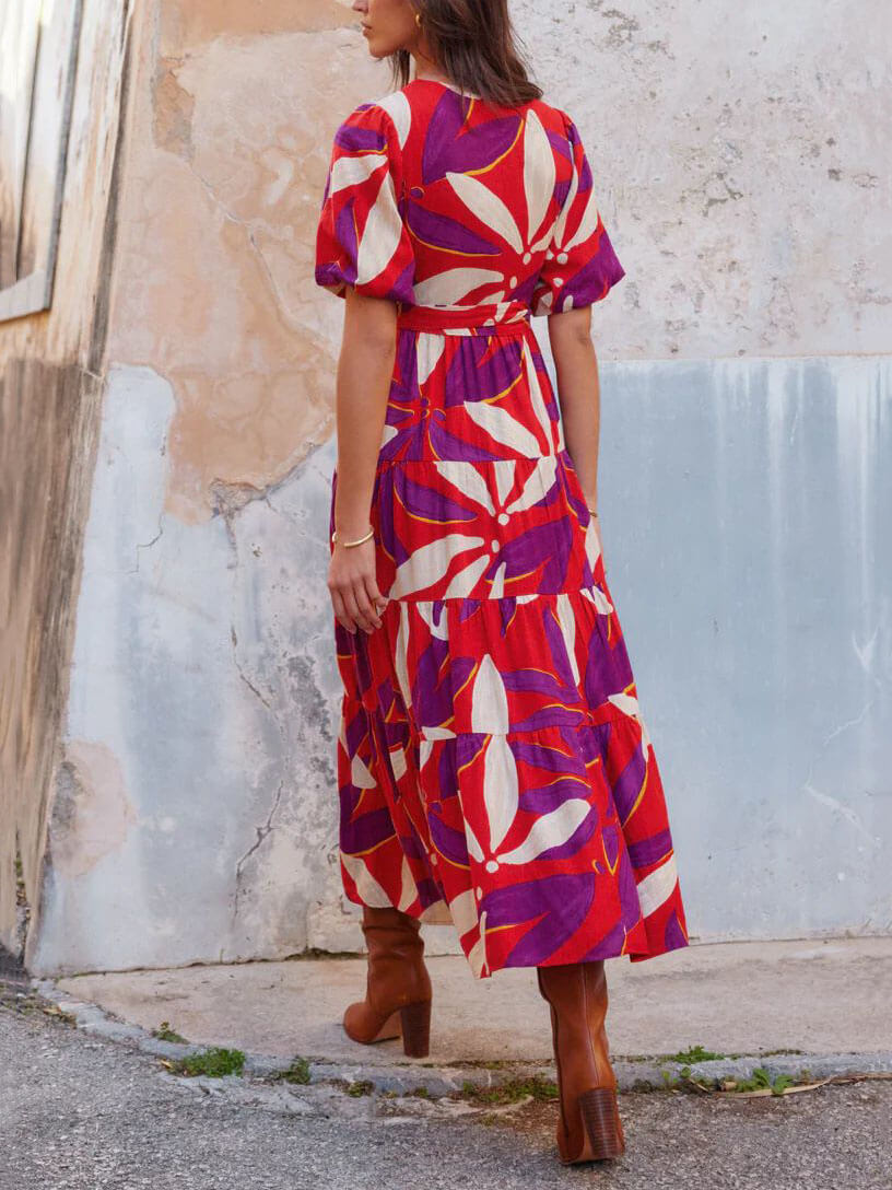 Printed V-neck maxi dress with puff sleeves and slit