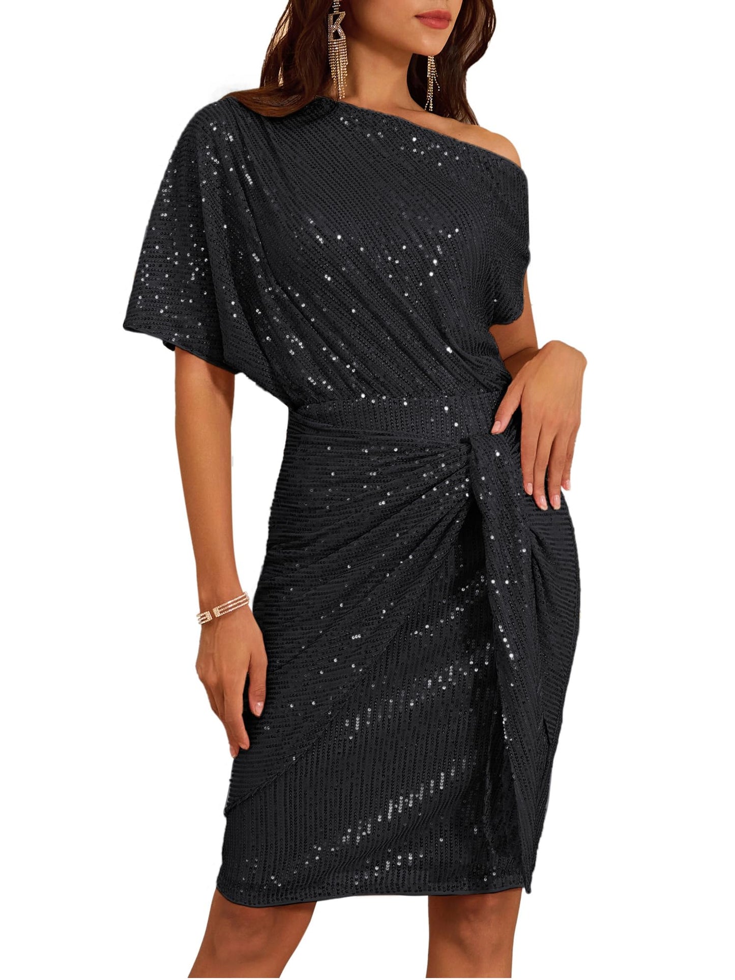 ⏰Hot Sale-Damen Pailletten Glitzer One-Shoulder gerafftes Bodycon-Kleid (Kaufe 2 versandkostenfrei)
