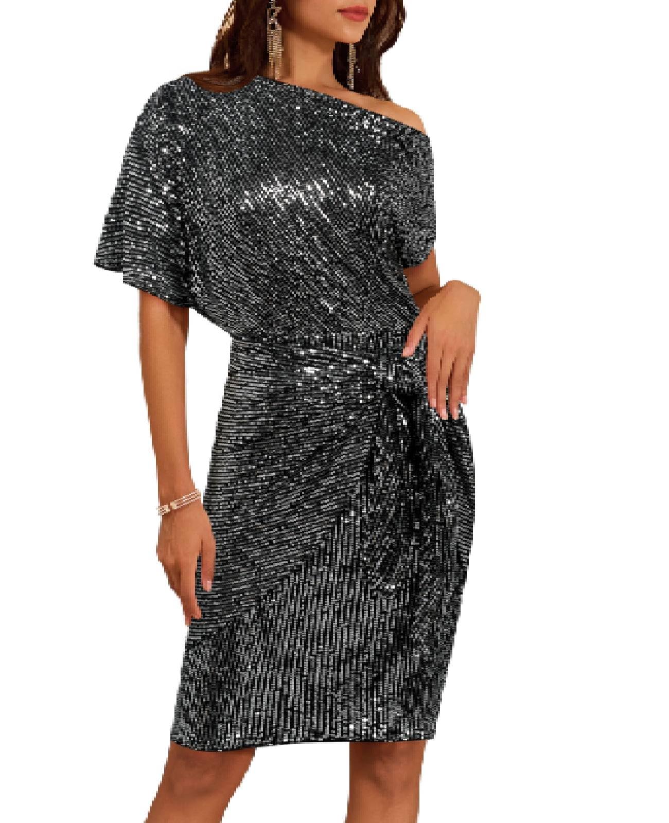 ⏰Hot Sale-Damen Pailletten Glitzer One-Shoulder gerafftes Bodycon-Kleid (Kaufe 2 versandkostenfrei)