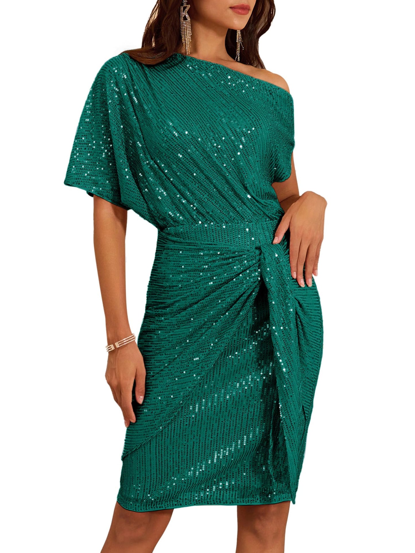 ⏰Hot Sale-Damen Pailletten Glitzer One-Shoulder gerafftes Bodycon-Kleid (Kaufe 2 versandkostenfrei)