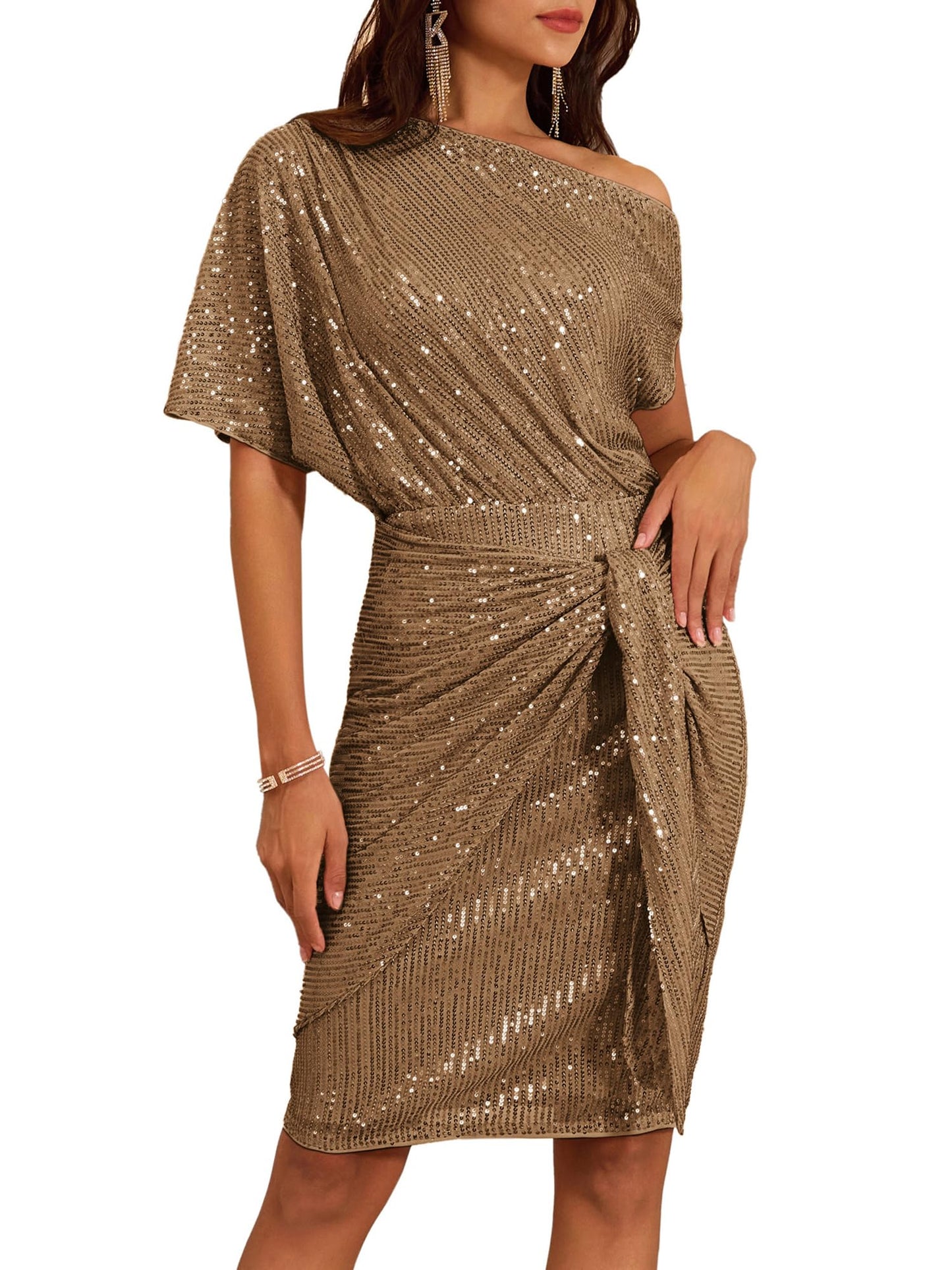 ⏰Hot Sale-Damen Pailletten Glitzer One-Shoulder gerafftes Bodycon-Kleid (Kaufe 2 versandkostenfrei)