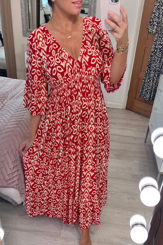 2024 Neues böhmisches legeres V-Ausschnitt-Kleid mit Print (2 kaufen, kostenloser Versand)