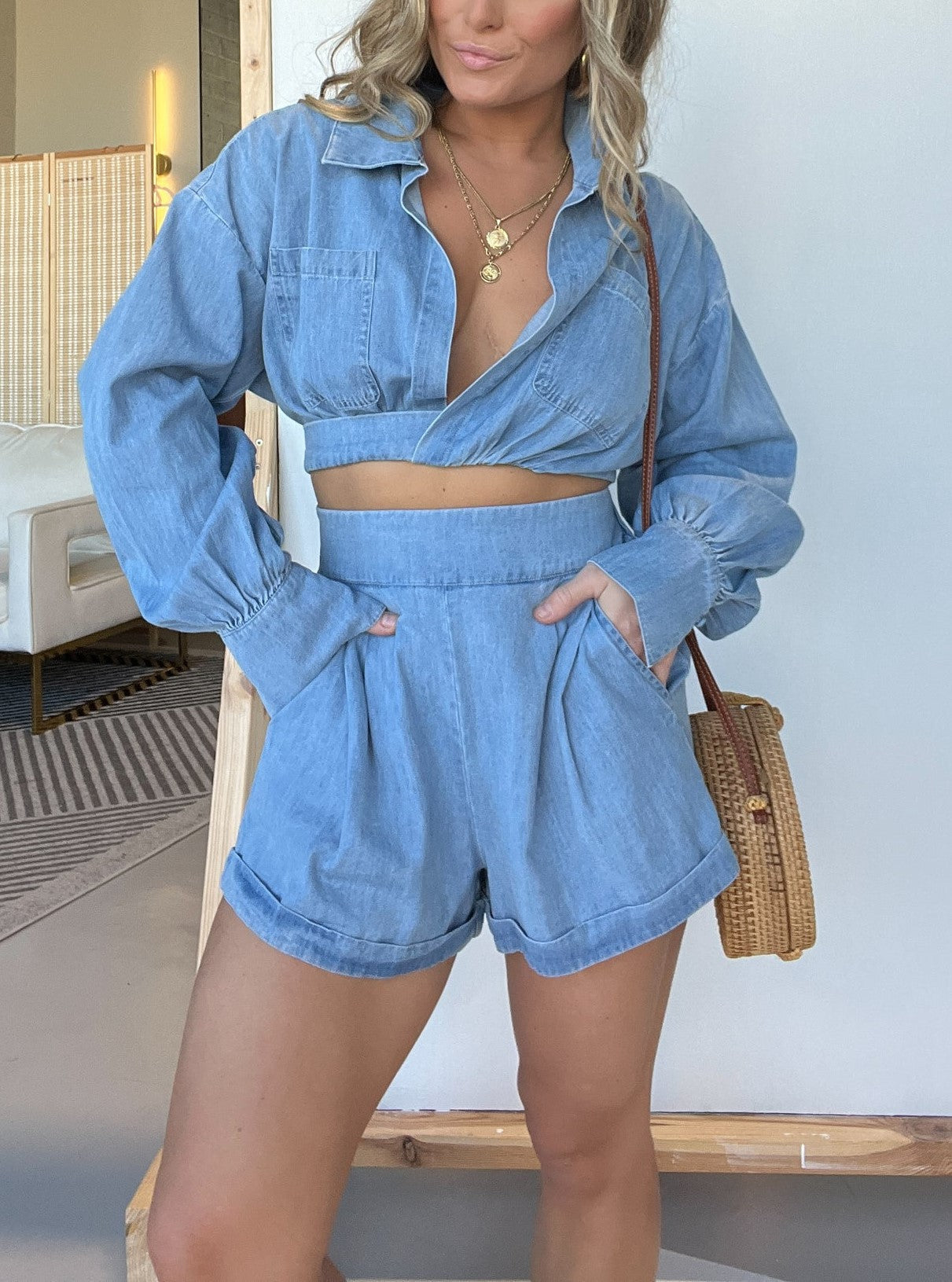 Langarm-Crop-Shirt und Shorts-Jeans-Set (2 kaufen, Versand gratis)