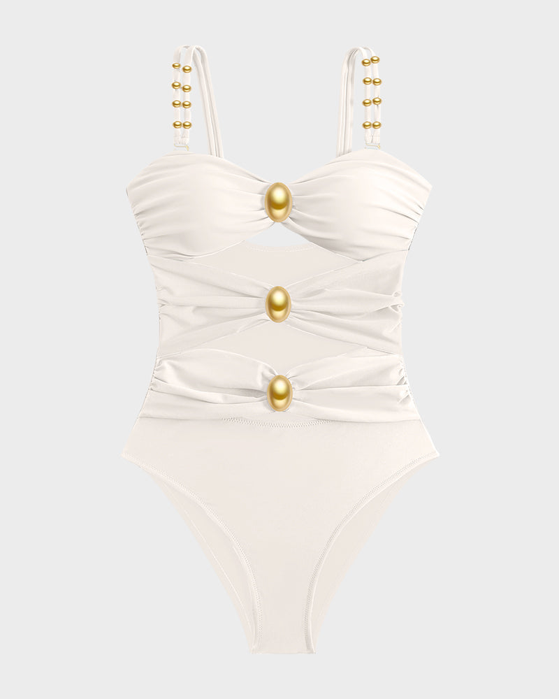 Badeanzug mit Goldperlen-Detail, Cut-Outs und Raffungen