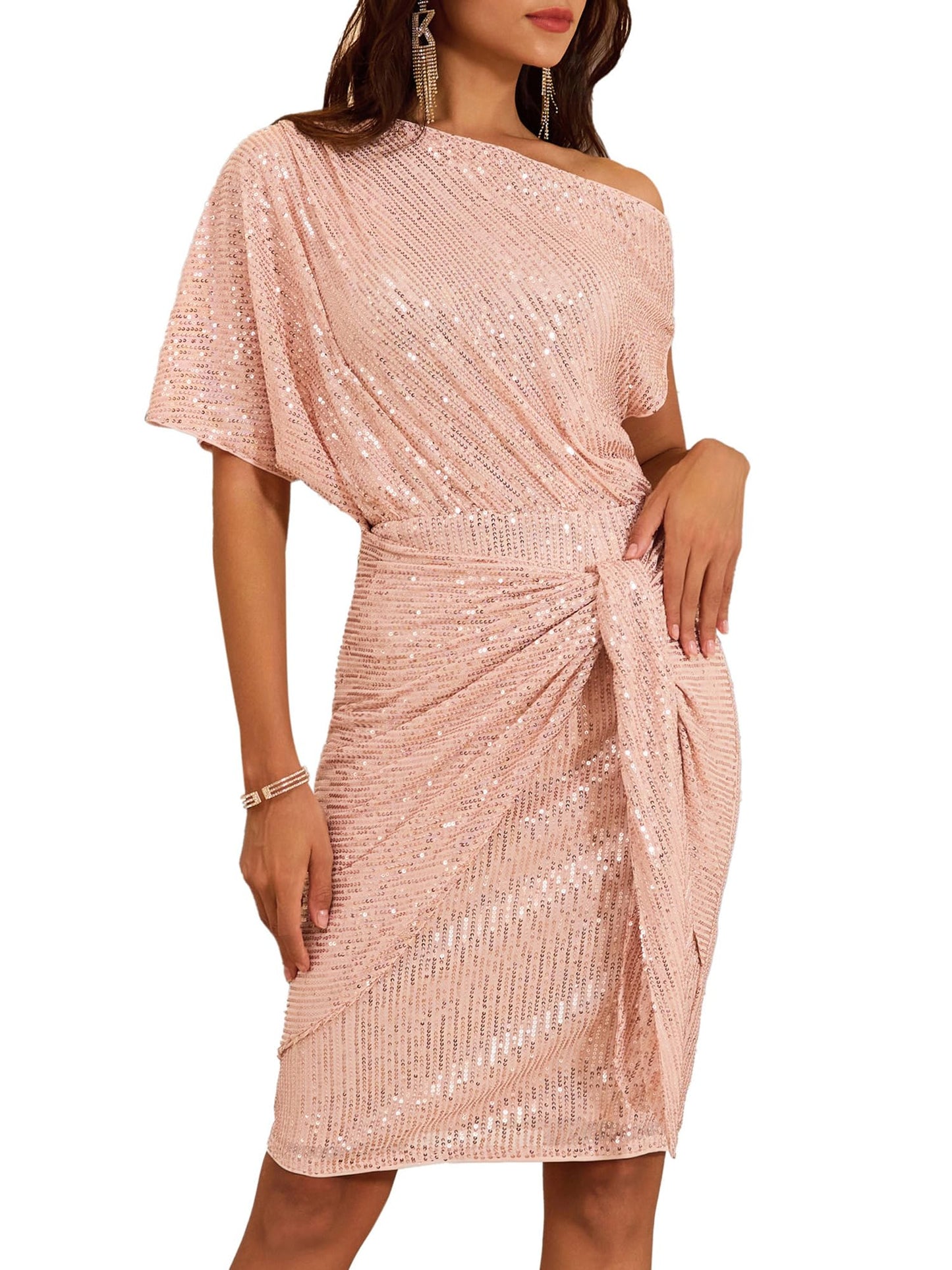 ⏰Hot Sale-Damen Pailletten Glitzer One-Shoulder gerafftes Bodycon-Kleid (Kaufe 2 versandkostenfrei)