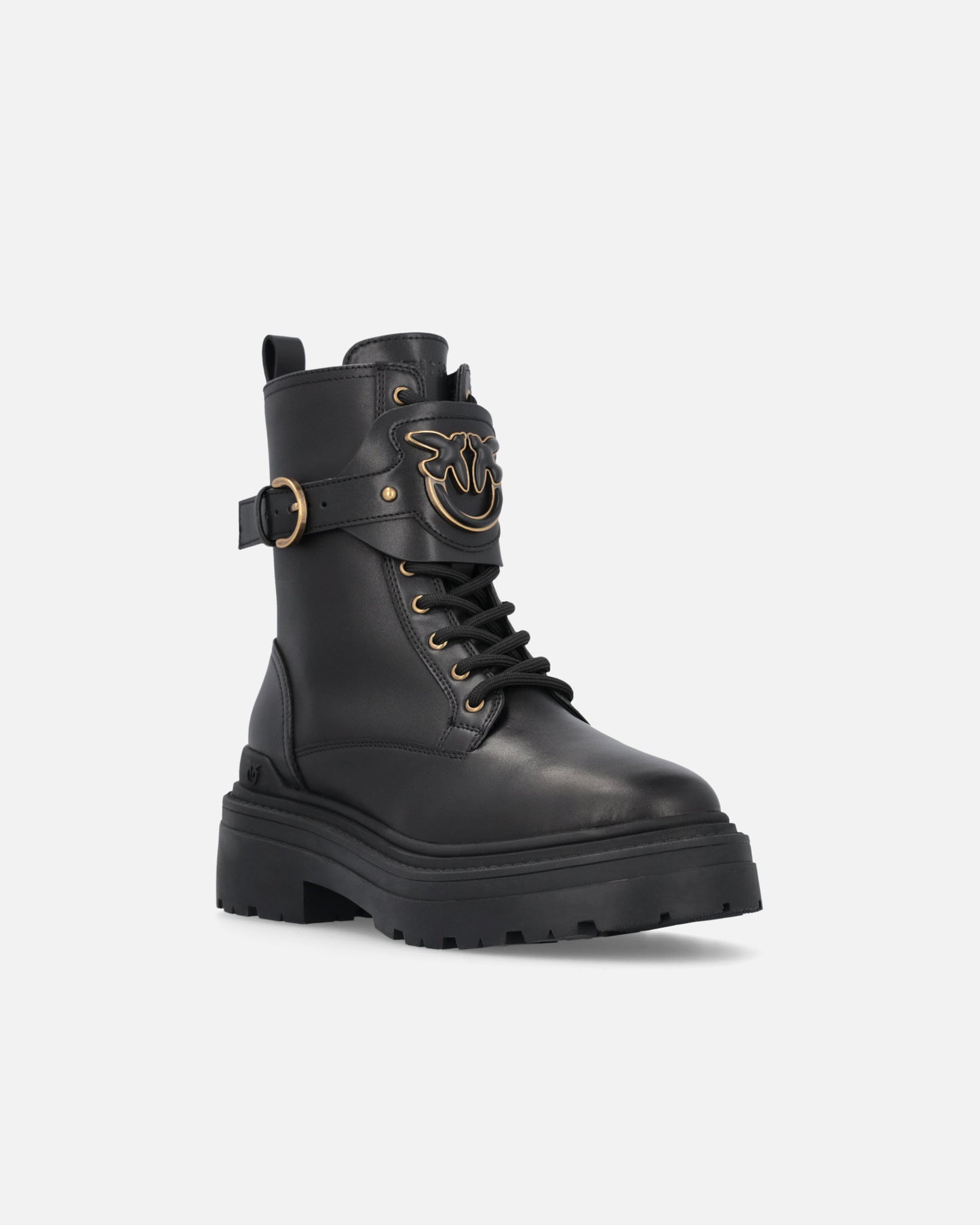 Leather combat boots with branded front strap