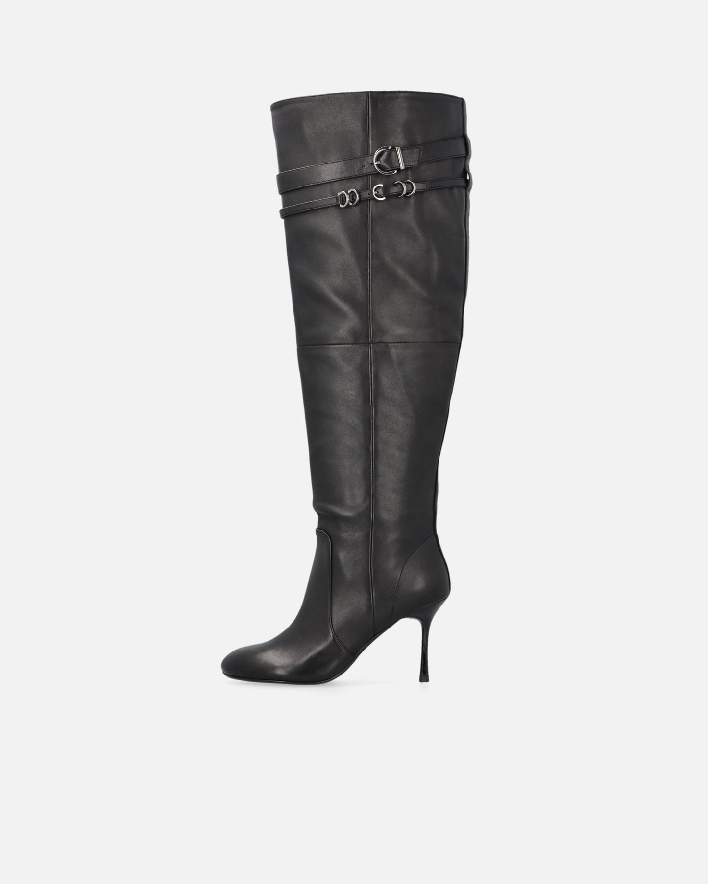 Knee-high nappa leather boots with heel and strap