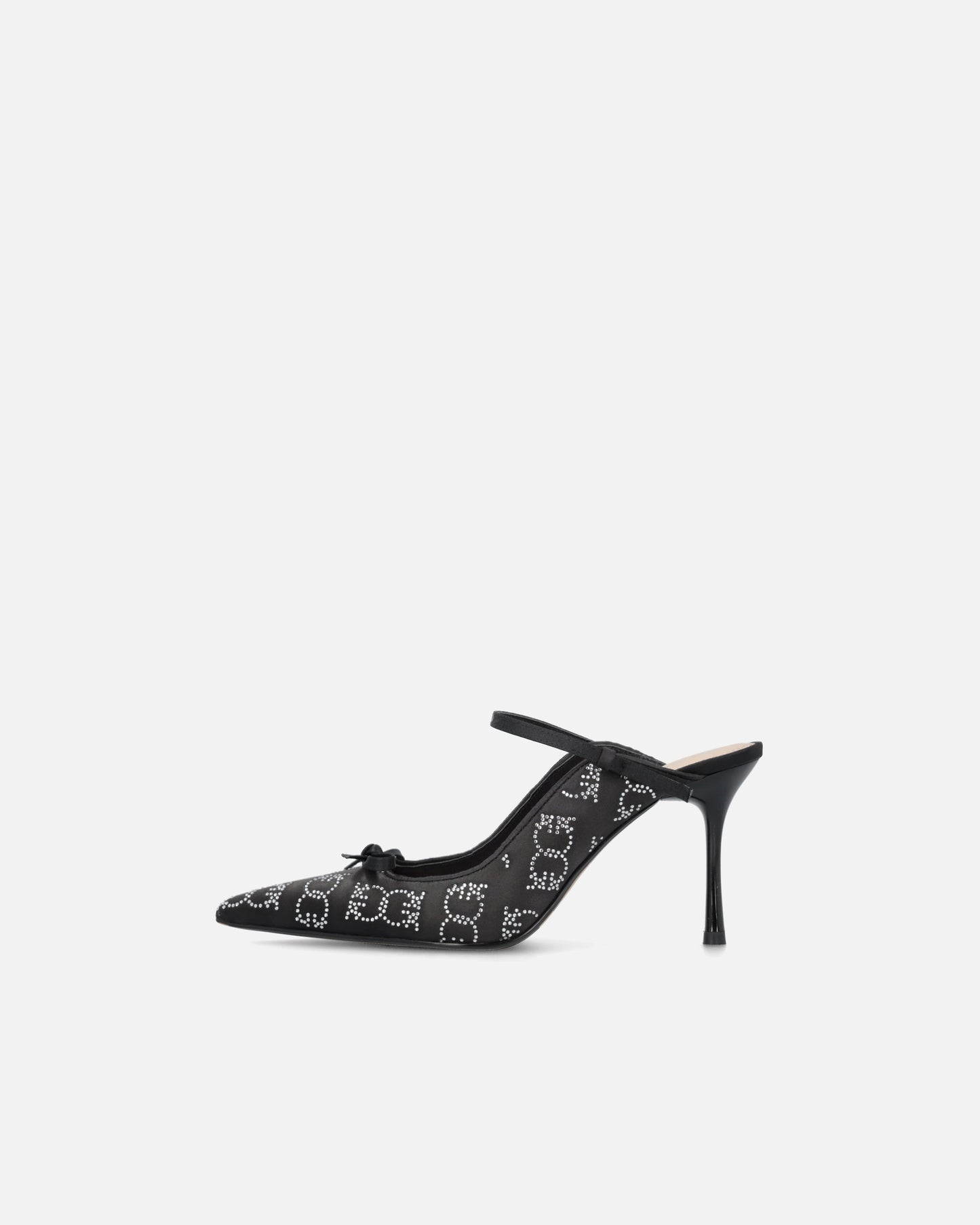 Rhinestoned satin slip-ons with heel