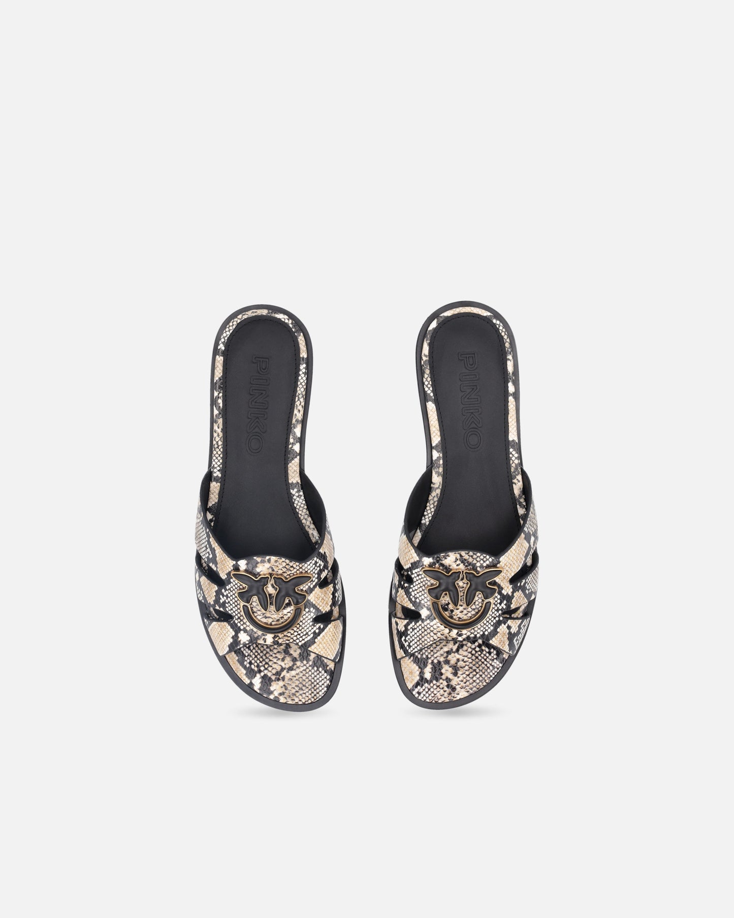 Leather slip-on sandals with python print and Love Birds logo