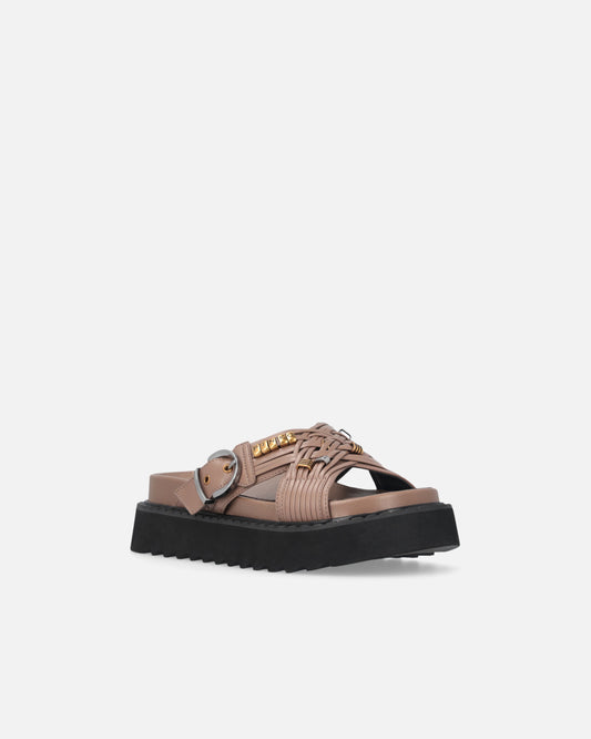 Woven nappa leather slip-on sandals with metallic rings