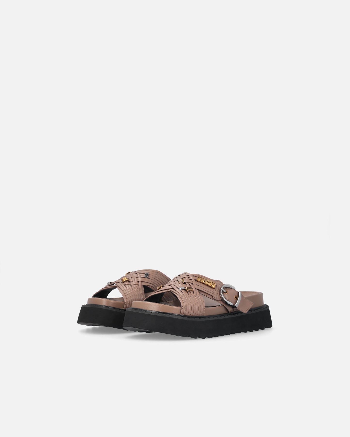Woven nappa leather slip-on sandals with metallic rings